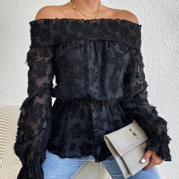 Boho Fuzzy Off Shoulder Ruffle Blouse - Picture 1 of 11